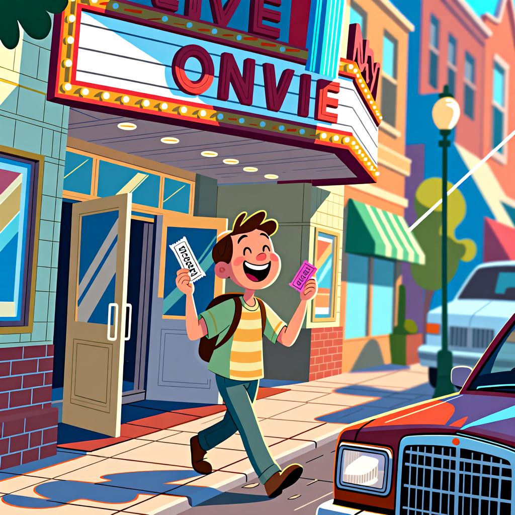 A person walking out of a movie theater into the daylight, looking happy.