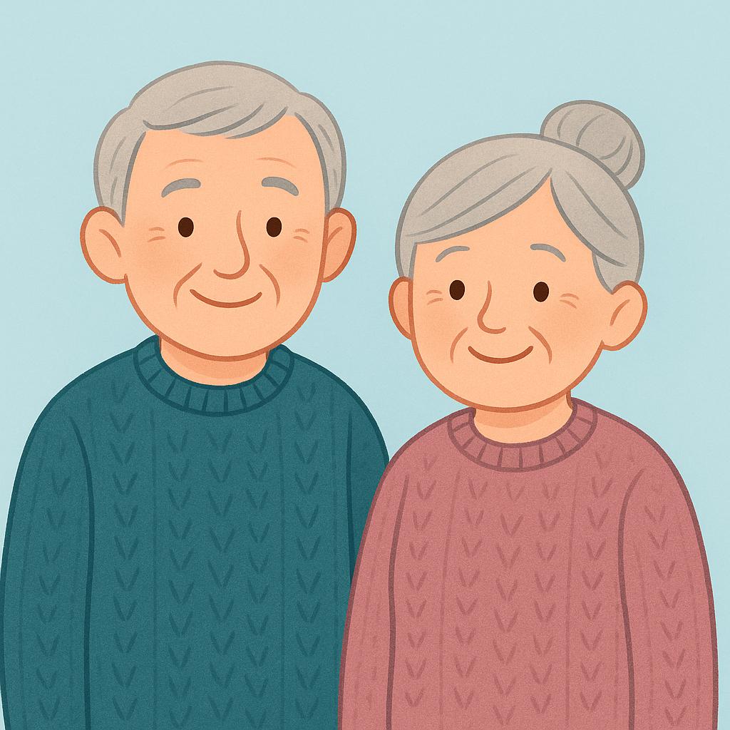 An elderly man and an elderly woman standing together, smiling warmly.