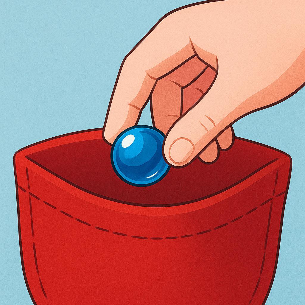 A close-up of a hand pulling a blue marble out of a deep red pocket, illustrating physical removal.