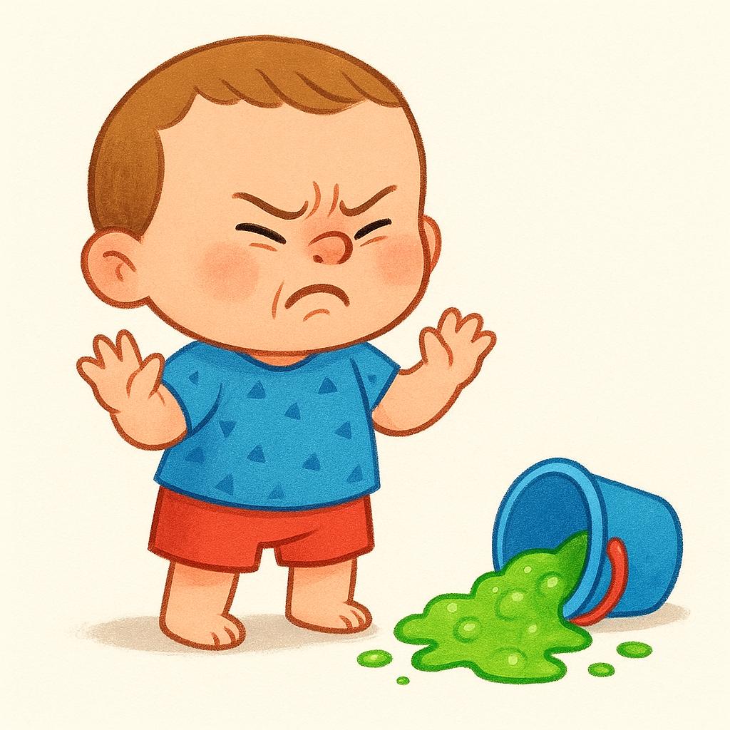 A cartoon child with a wrinkled nose and wide eyes showing extreme disgust while looking down at a puddle of bright green, lumpy slime on a wooden floor.