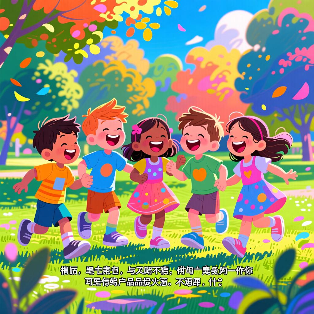 A diverse group of young children, boys and girls, laughing and playing together in a sunny park.