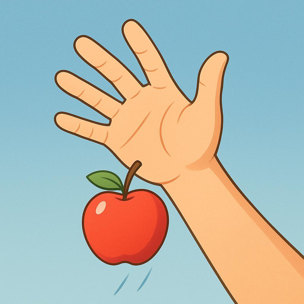 A human hand, seen from below, is opening its fingers and releasing a bright red apple, which is beginning to fall.