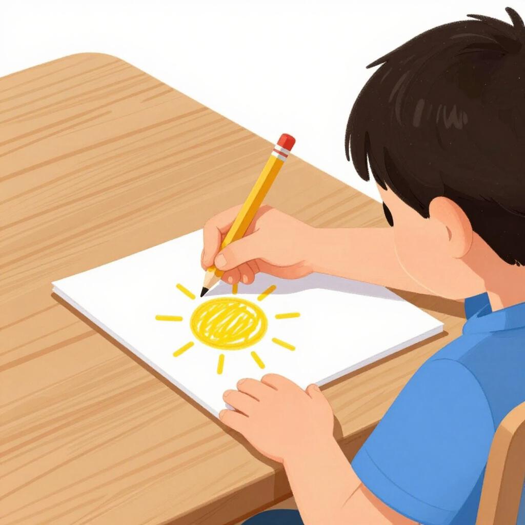 A child sitting at a table, holding a colorful pencil in their left hand and drawing on a piece of paper.
