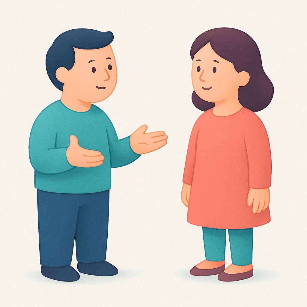 A colorful storybook illustration depicting two simplified figures standing facing each other. The first figure has an open, expectant gesture directed towards the second figure, who is leaning in and listening closely.
