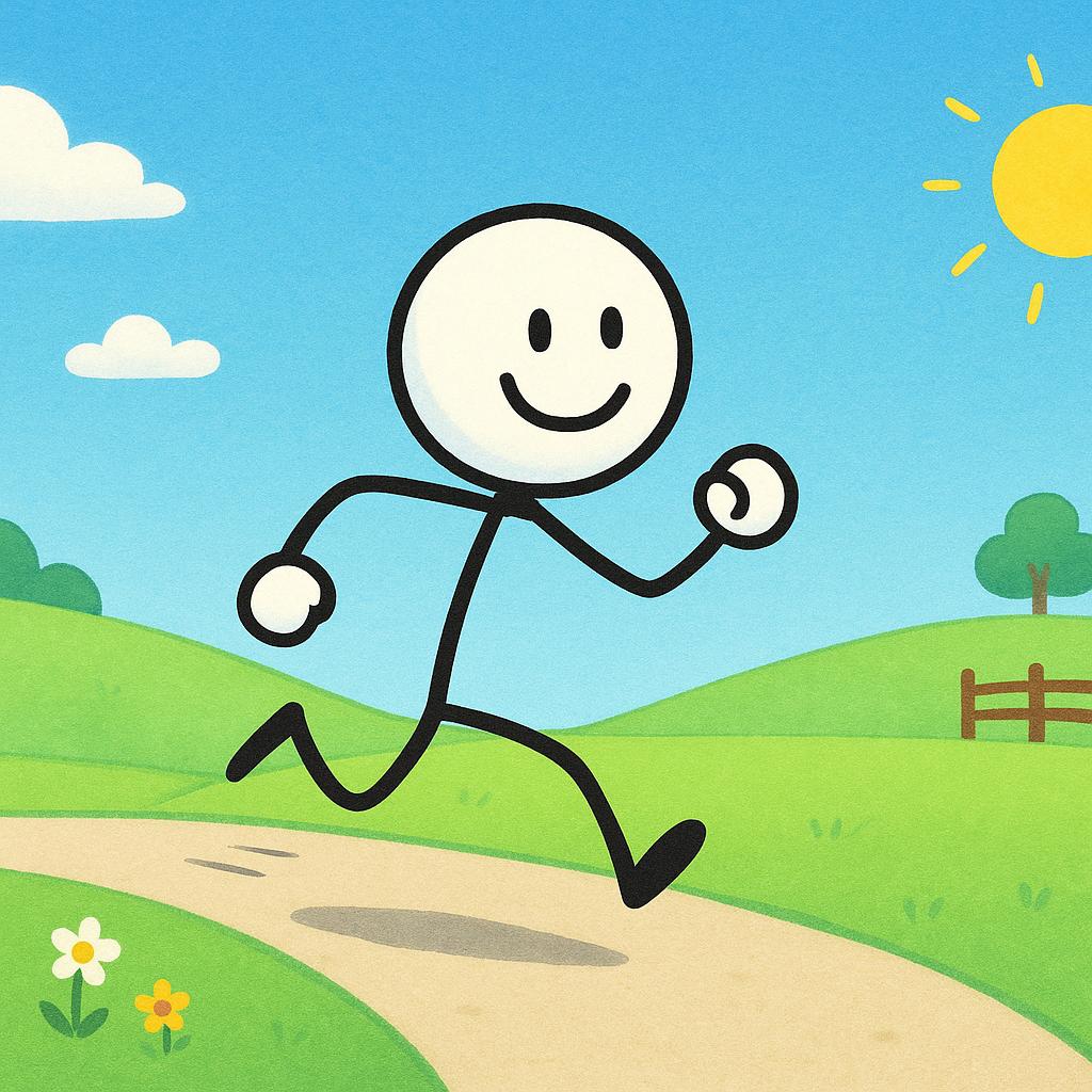 A colorful storybook illustration showing a happy stick figure running on a green path under a blue sky, representing physical exercise.