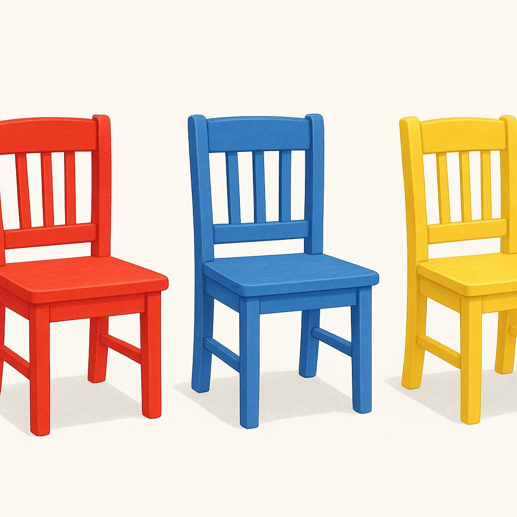A high-quality illustration showing three empty, brightly colored wooden chairs lined up neatly in a row.