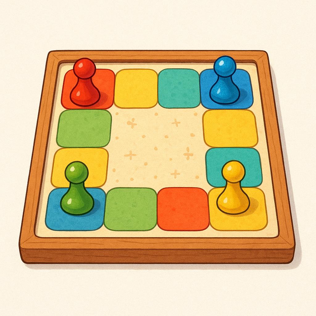 A colorful board game laid out with several unique playing pieces on it.