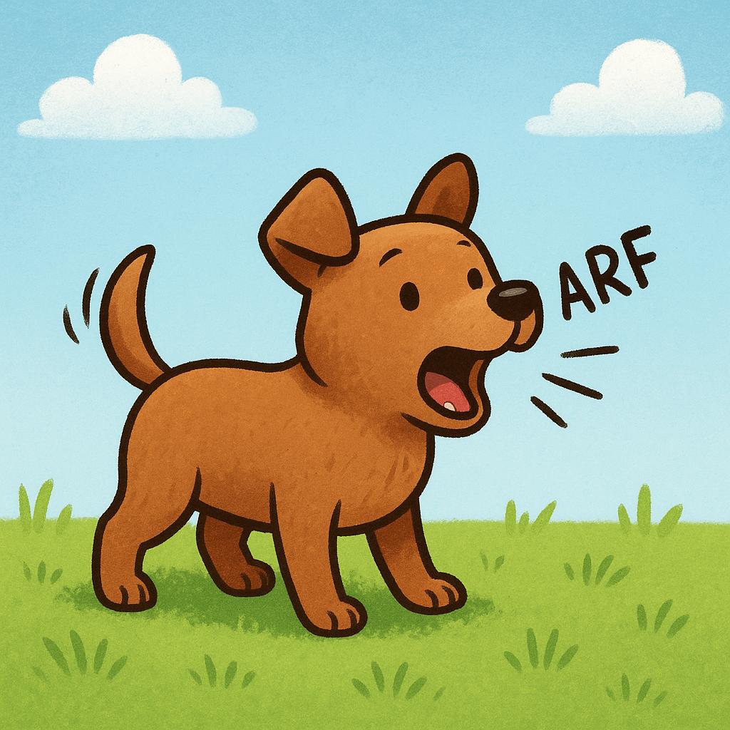 A small, friendly brown dog standing on green grass, opening its mouth wide as if barking loudly.