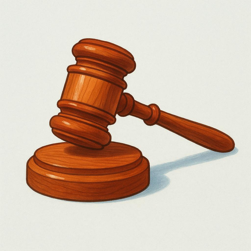 A high quality, simple storybook illustration of a wooden judge's gavel resting on a small round wooden sounding block.