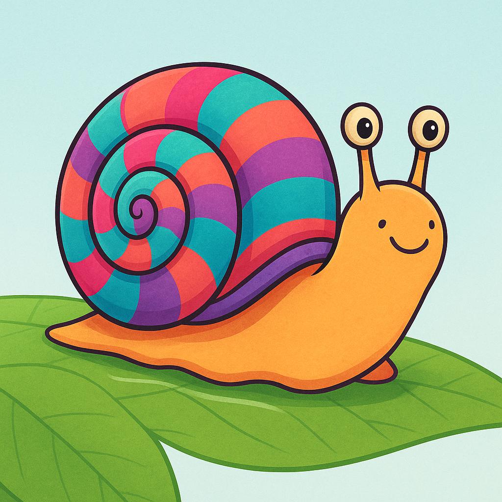 A colorful storybook illustration showing a large snail slowly inching its way across a bright green leaf.