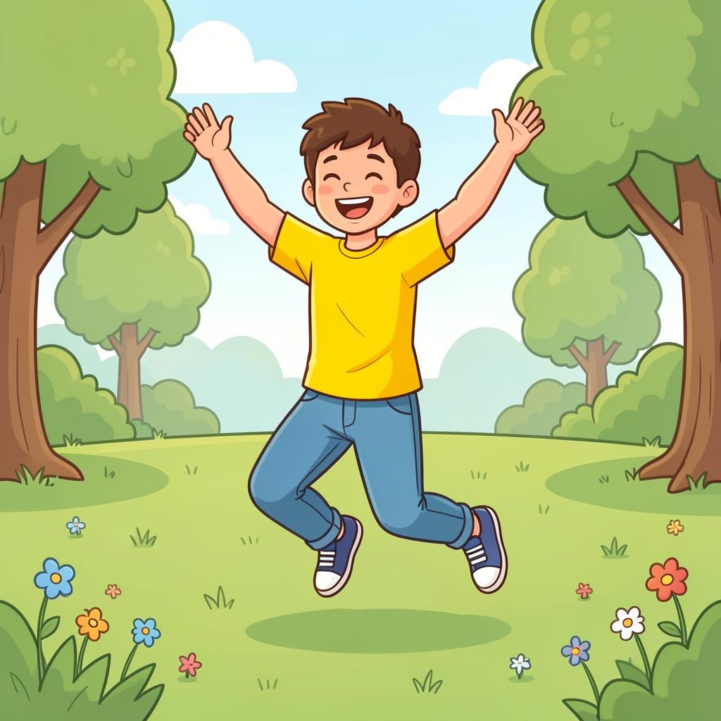 A smiling young person with bright eyes and a vibrant outfit jumping joyfully in a park.