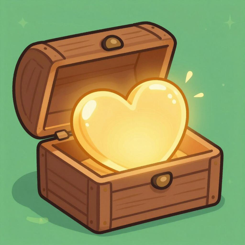 A glowing golden heart inside a simple wooden treasure chest.