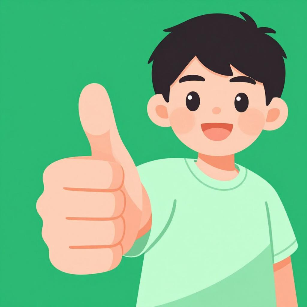 明るい緑色のランプの前で親指を立てている人。