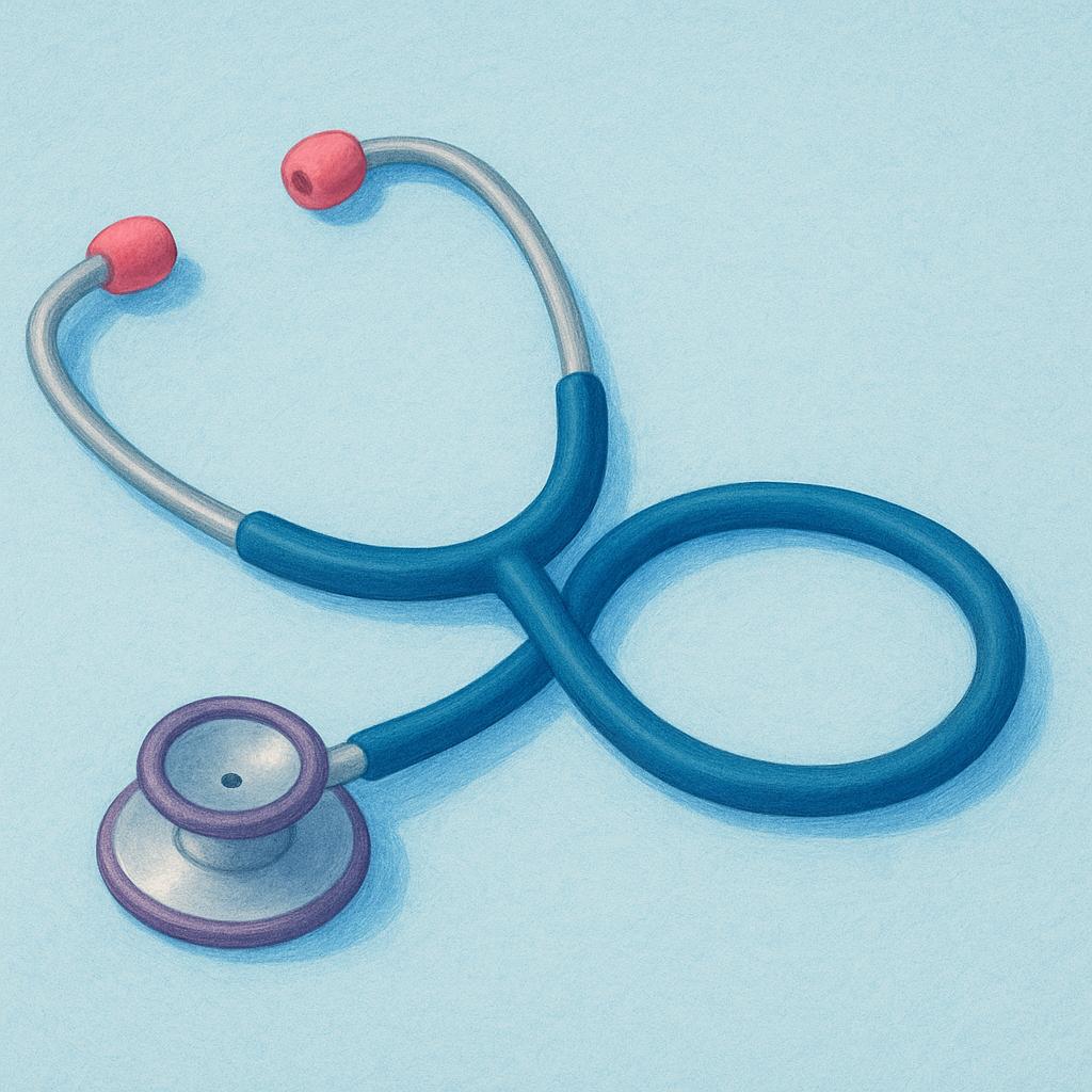 A medical professional's hand holding a small, green stethoscope against a simple background.
