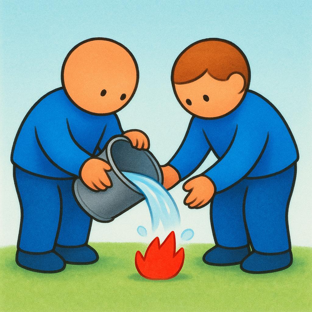 A colorful storybook illustration showing two friendly figures collaborating to extinguish a small red flame using a bucket of water.