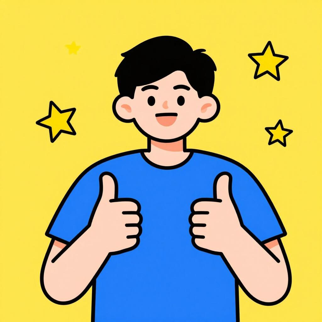 A person giving two thumbs up with a big smile and a bright yellow background.