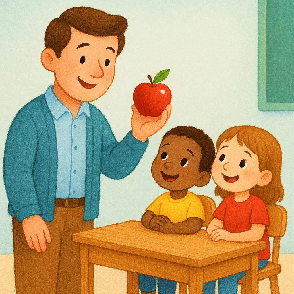 A friendly male teacher standing at a low desk in a colorful classroom, holding up a bright red apple for two small, attentive children.