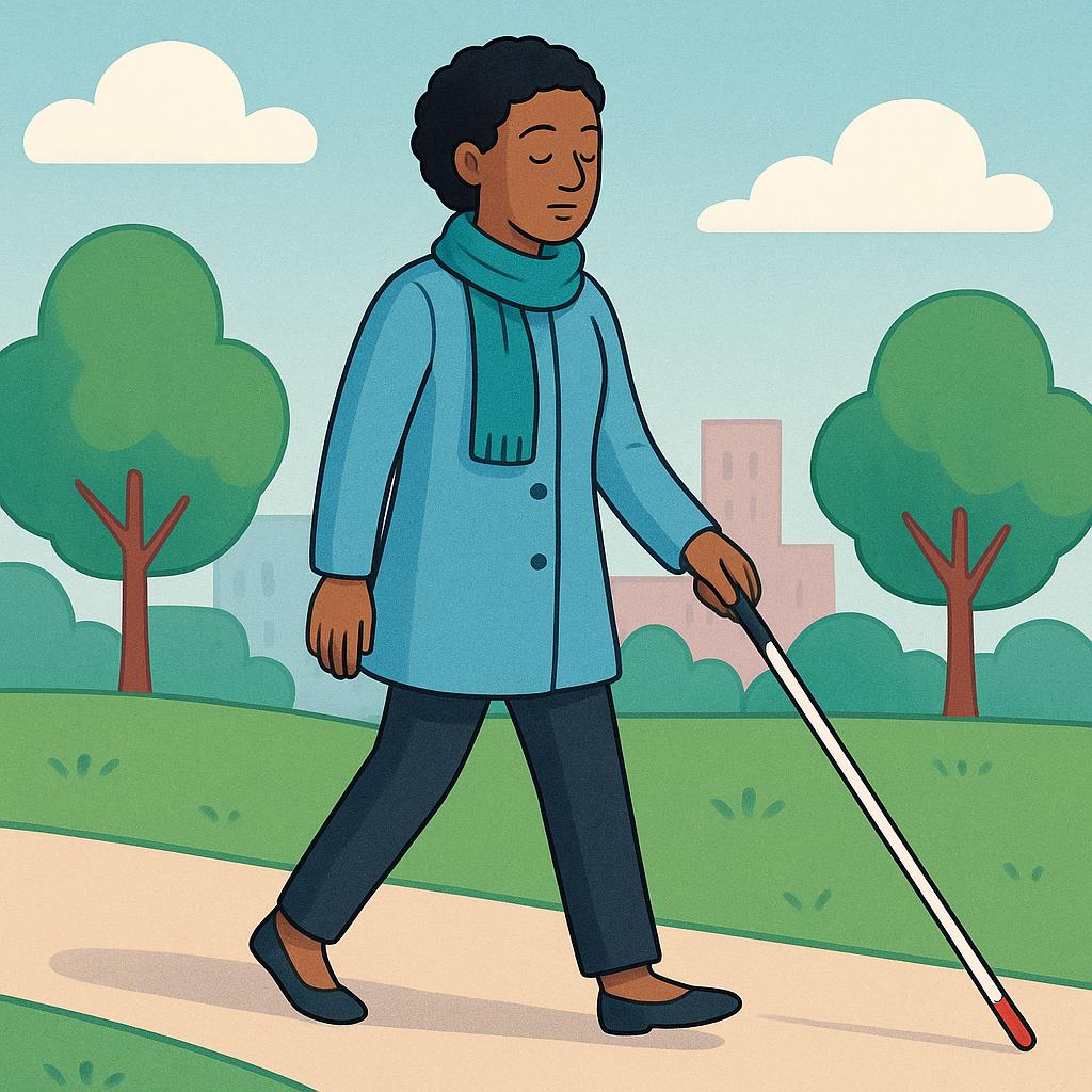 A woman stands outdoors, holding a white cane extended in front of her, indicating she is blind.