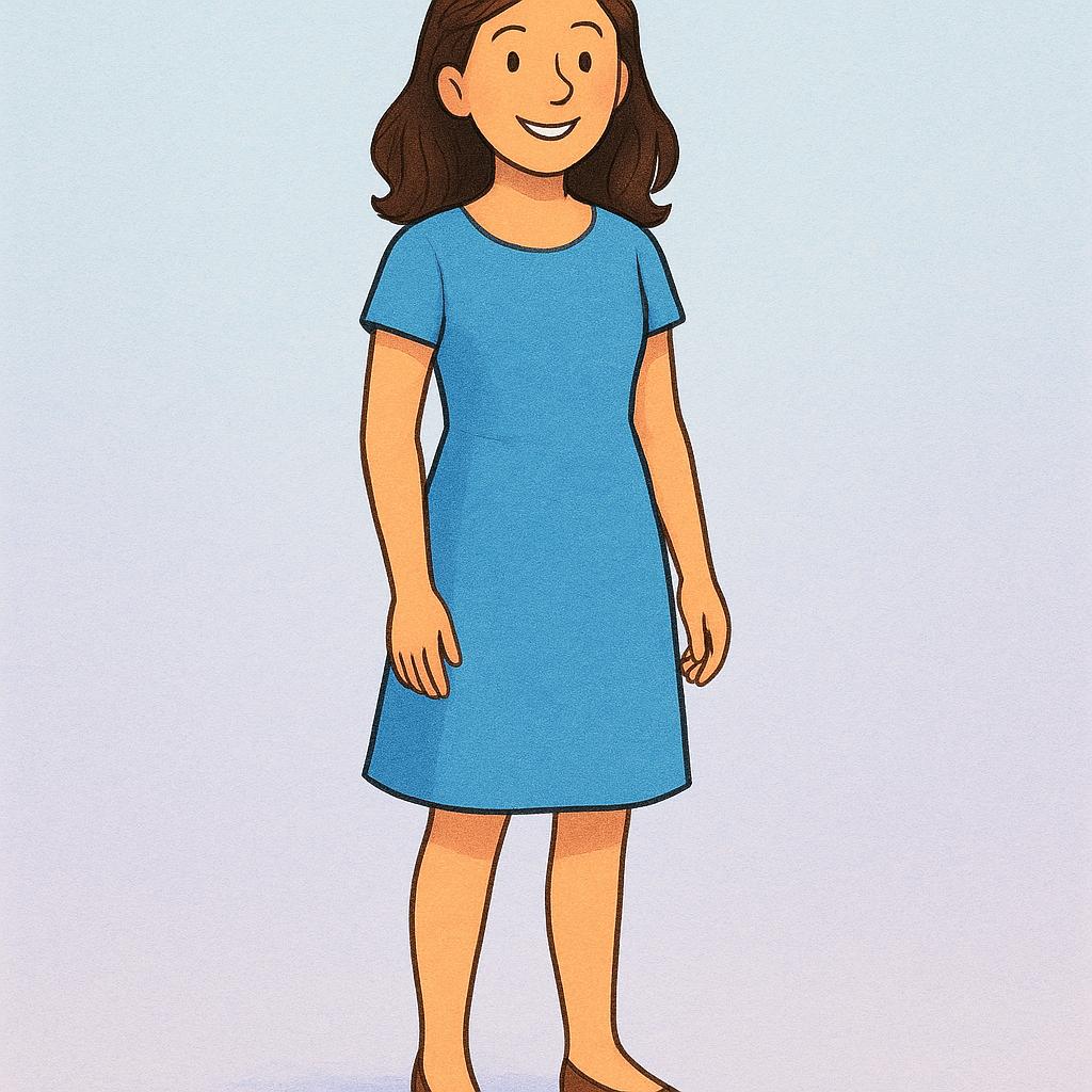 A happy young woman standing upright, fully wearing a simple blue dress and red shoes.