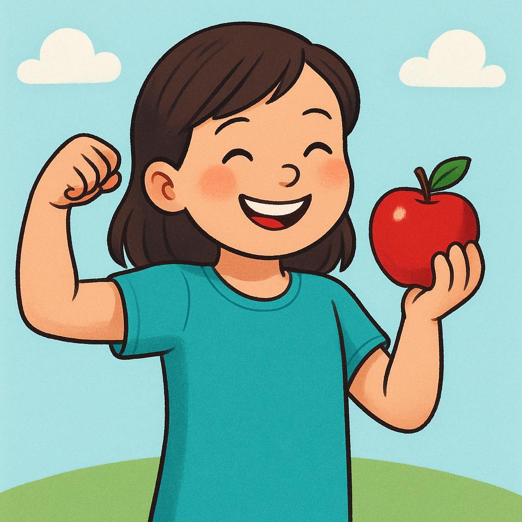A joyful girl with rosy cheeks holding a bright red apple and showing off her strong arm muscle, illustrating physical wellness.