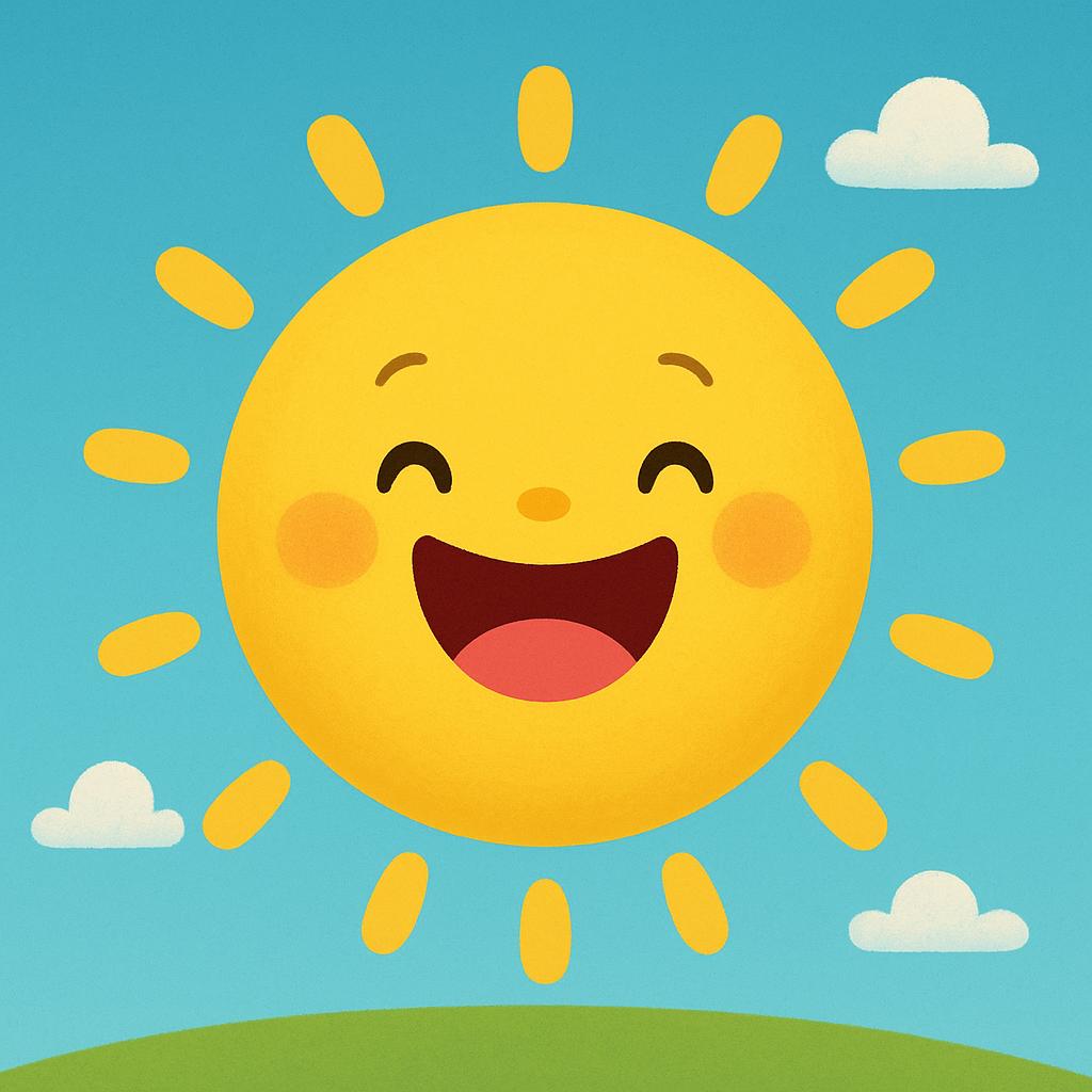 A bright, round yellow sun with a cheerful face and a wide, joyful smile, set against a blue background, illustrating the continuous action of smiling.