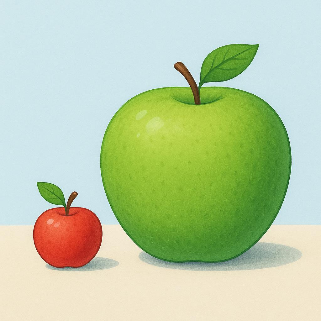 A very small, bright red apple placed right next to a massive, imposing green apple, illustrating the concept of small size through contrast.