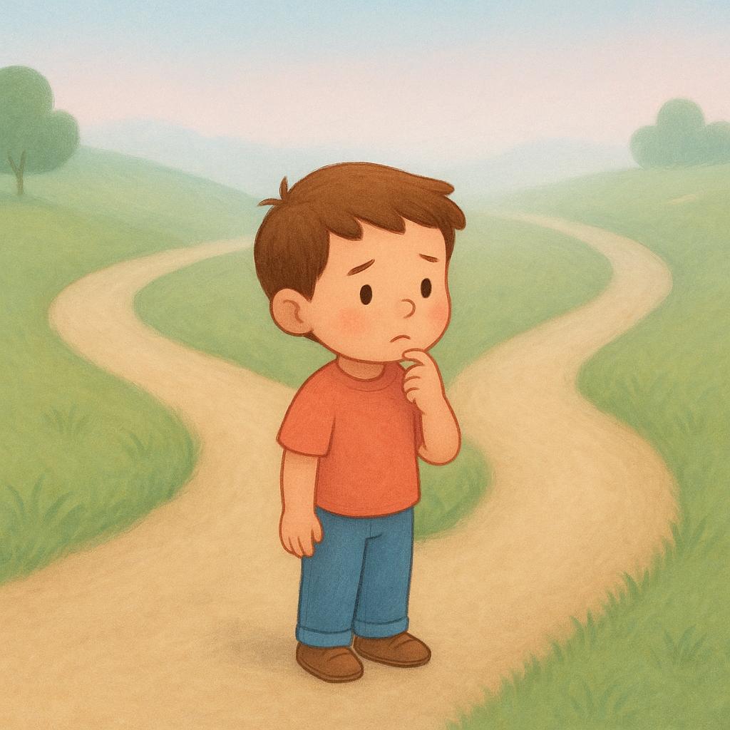A colorful storybook illustration showing a small child standing at a fork in a winding road. Both paths disappear into a gentle white mist, symbolizing doubt or uncertainty about which way to proceed.