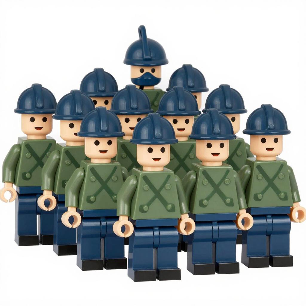 A row of identical, rigid toy soldiers standing at strict attention under a single bright light.