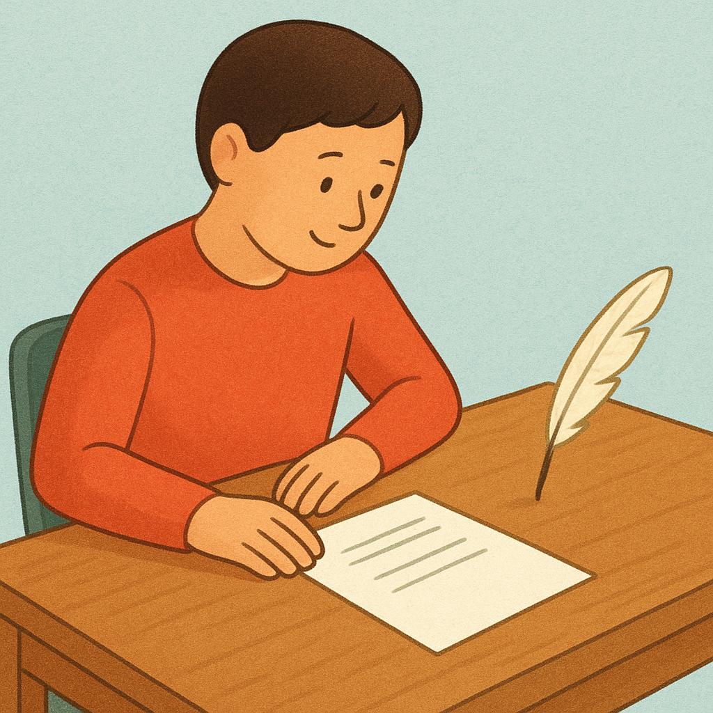 A person sits at a wooden desk. A sheet of paper on the desk is covered in simple, illegible lines, and a quill pen rests beside it, indicating that the writing task is finished.