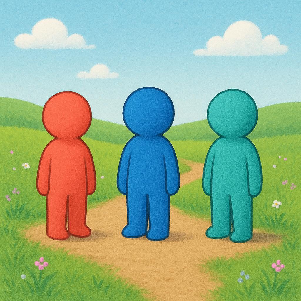A colorful storybook illustration showing three simple, friendly characters standing perfectly still on a grassy path. They are rooted to the spot, clearly remaining in place.