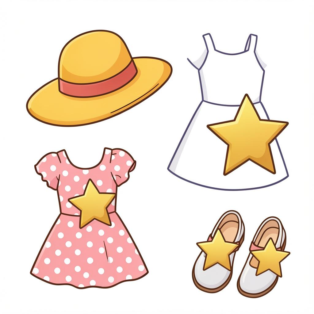 A collection of colorful feminine items like a sun hat, a dress, and a pair of shoes, all adorned with bright gold stars.