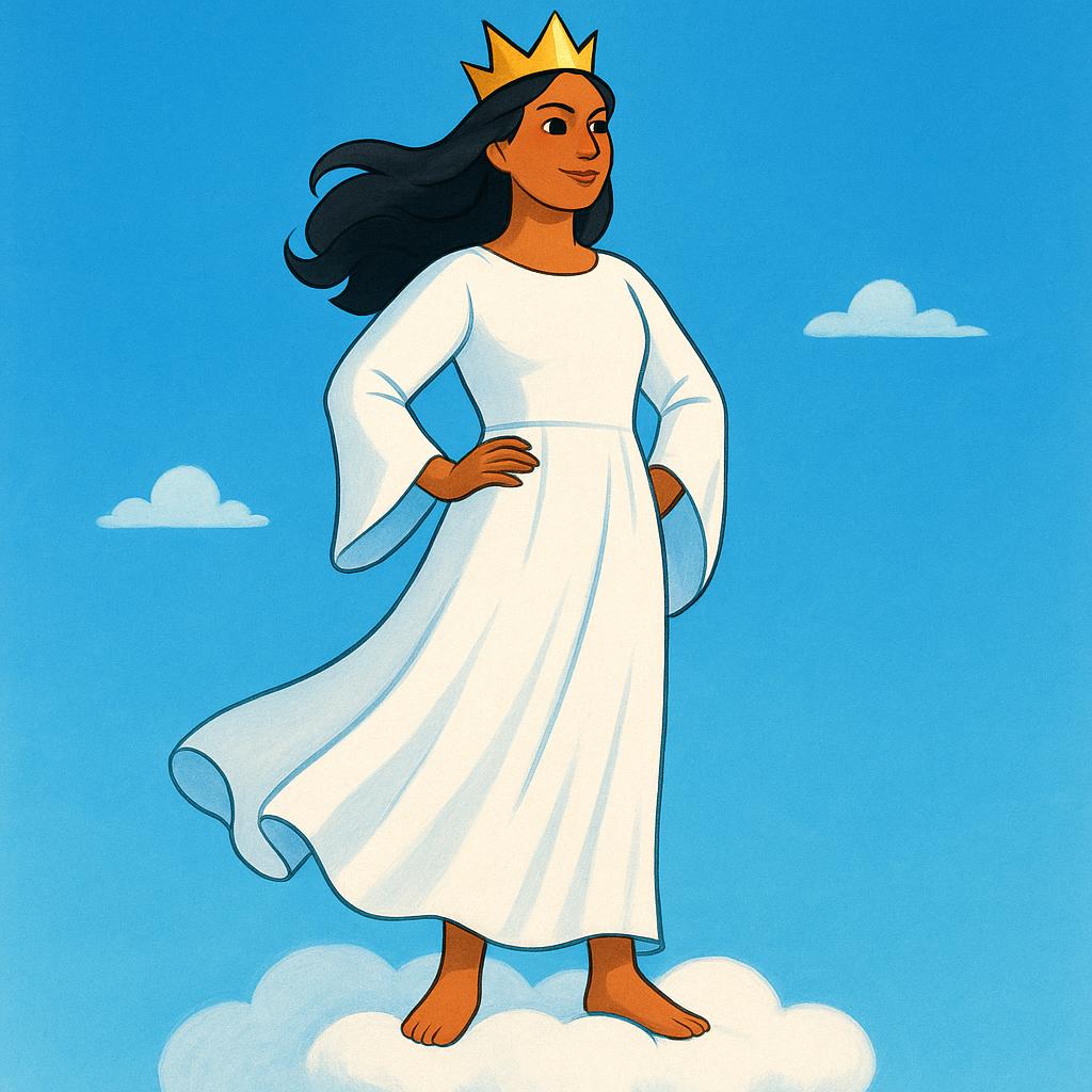 A powerful female figure wearing a flowing white robe and a golden crown, standing on a small cloud against a bright blue sky, symbolizing a mythological goddess.