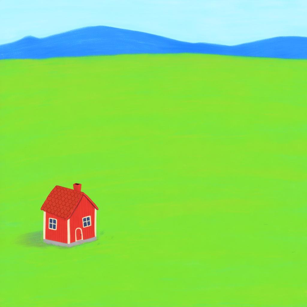 A small red house in the foreground looking across a vast, empty green landscape to a tiny blue mountain range far away on the horizon.