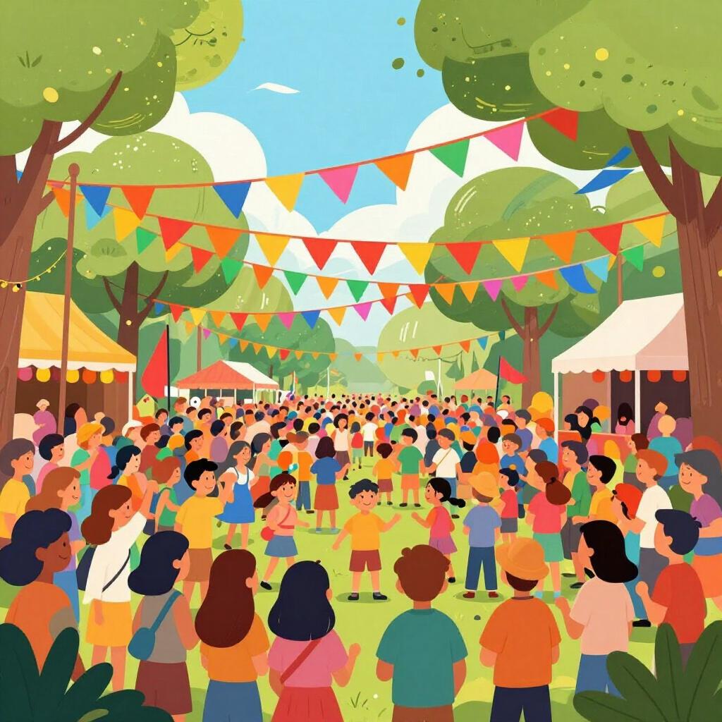 Ein farbenfrohes Straßenfest mit einem großen Banner, bunten Fahnen und einer feiernden Menschenmenge.