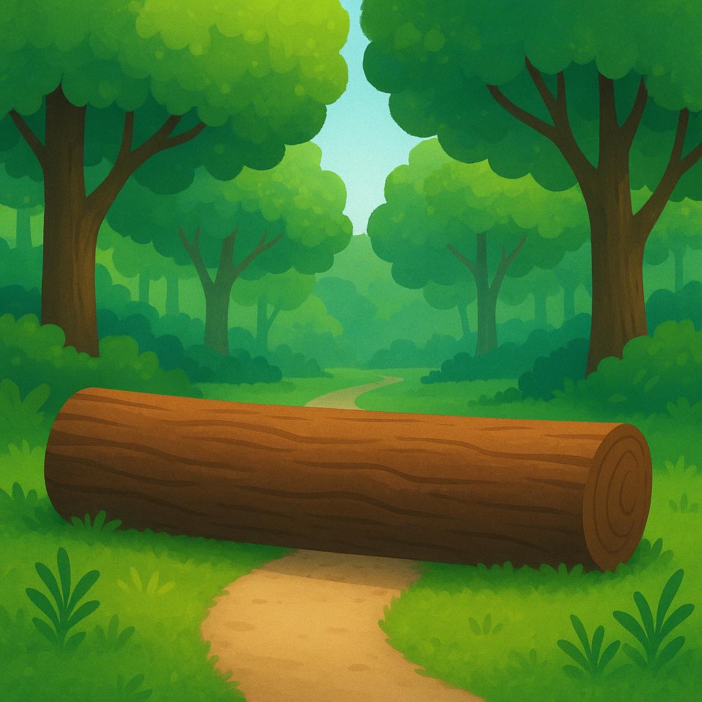 A large, fallen tree trunk blocking a path in a colorful forest.