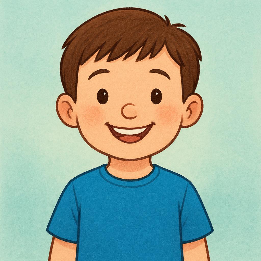 A friendly, smiling young boy with short brown hair wearing a simple blue t-shirt.