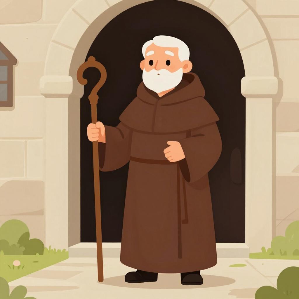 Ein freundlich aussehender Mann in einer langen braunen Robe, der einen hölzernen Stab hält und vor einem steinernen Torbogen steht.