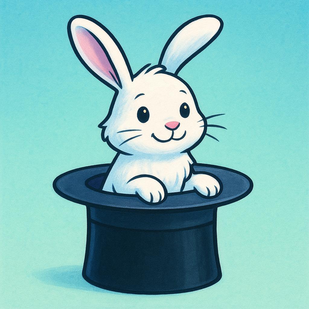 A white rabbit is being pulled halfway out of a tall black magician's top hat.