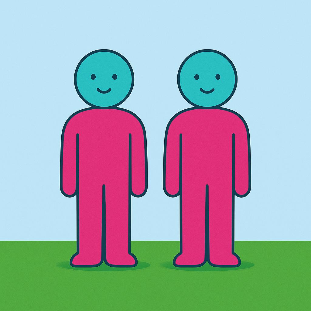 Two identical, geometrically simple, brightly colored human-shaped figures standing side-by-side on a perfectly level, shared platform, emphasizing equality of status.