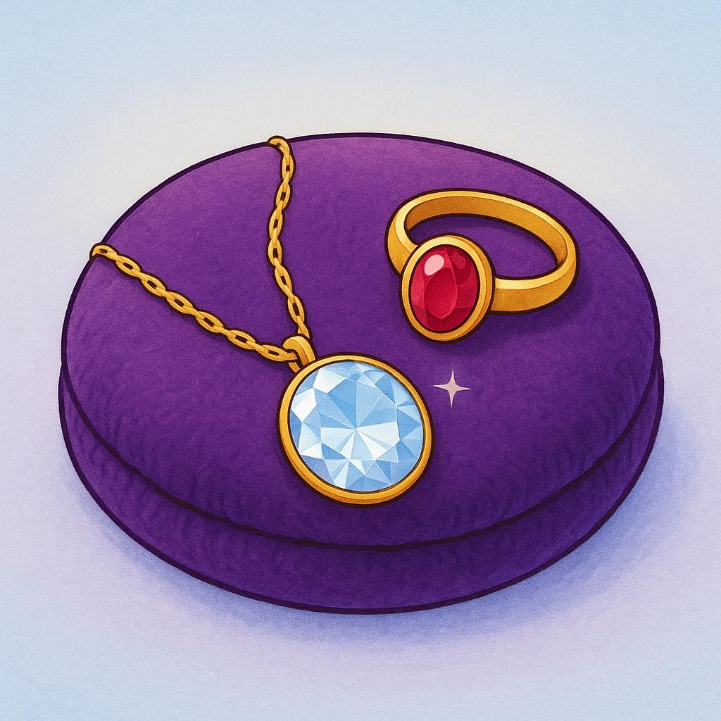 A simple gold necklace with a large pendant and a matching gold ring with a ruby, resting on a small purple velvet cushion.