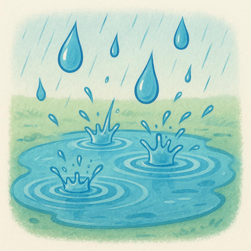 A close-up view of a small puddle on the ground with several raindrops actively splashing into the water, illustrating that the action of rain is continuing.