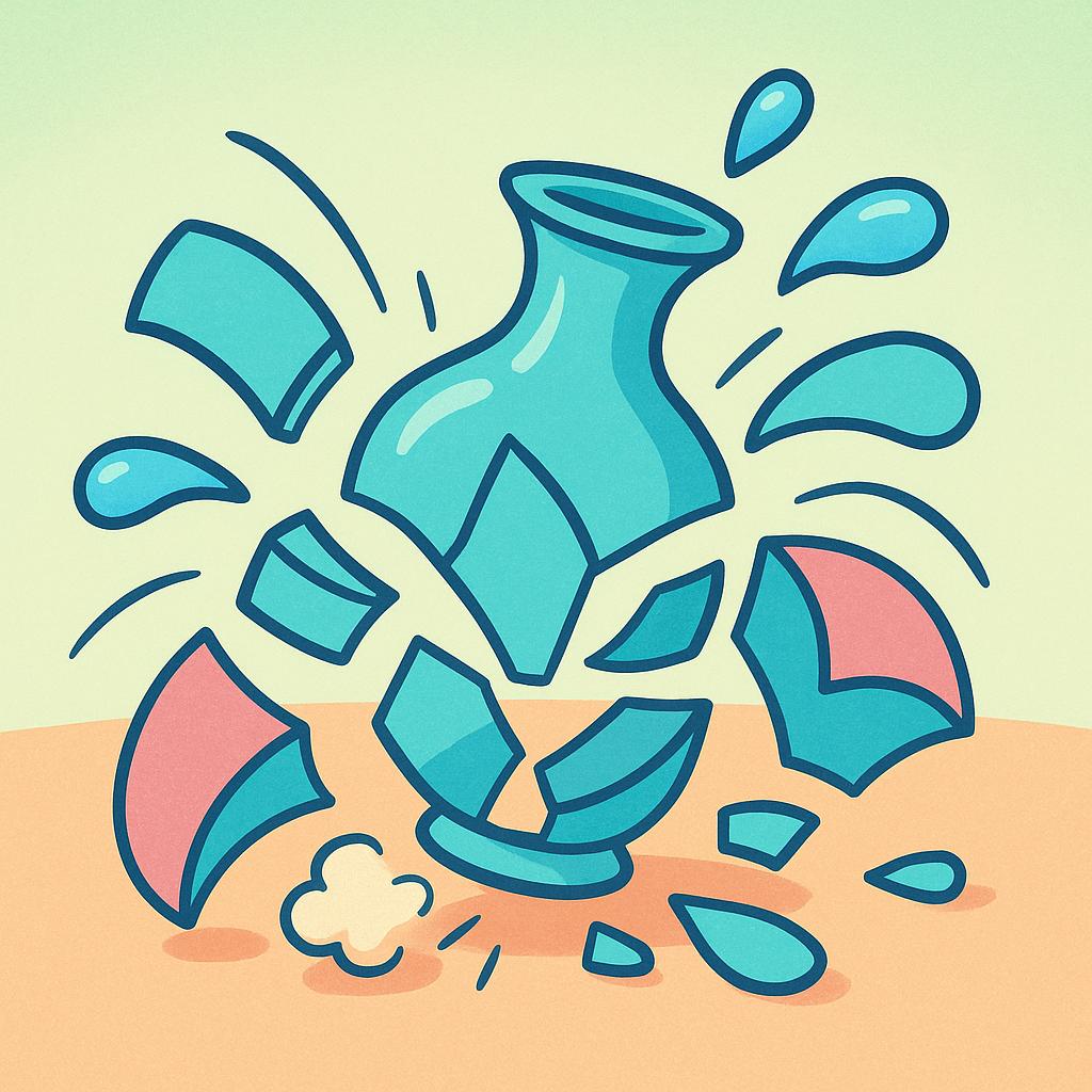 A colorful glass vase shattering into several large pieces as it hits the ground.