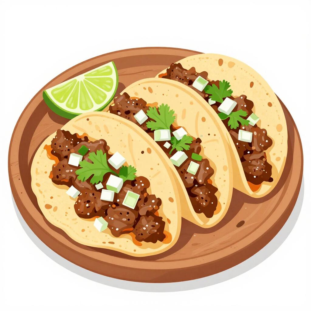 Three delicious Mexican street tacos with cilantro, onions, and lime on a wooden plate.