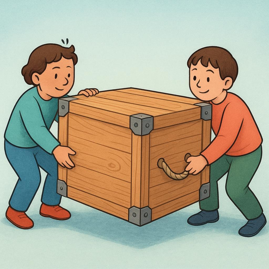 Two people working together, straining slightly, as they lift and carry a very large, heavy wooden box together.