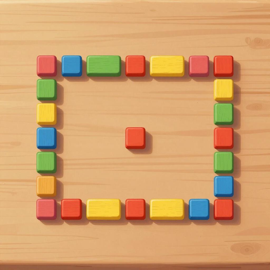 A bird's-eye view of a wooden table with several small wooden blocks arranged in a specific, purposeful pattern.
