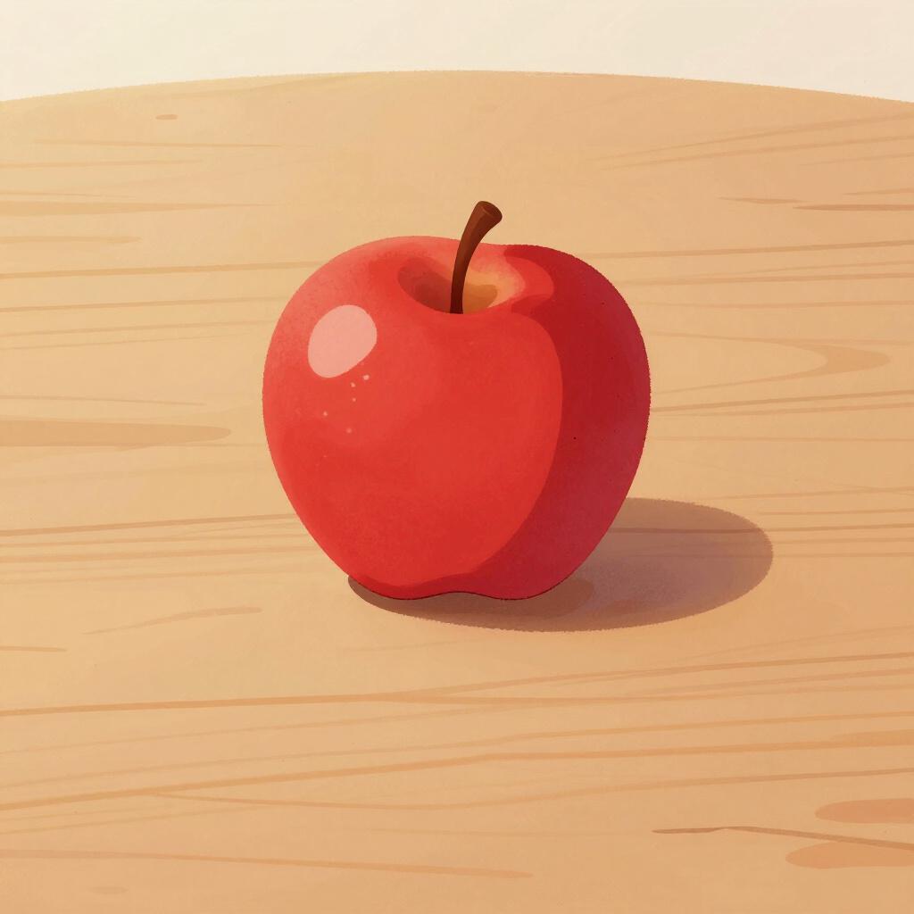 A single red apple sitting alone on a large wooden table.