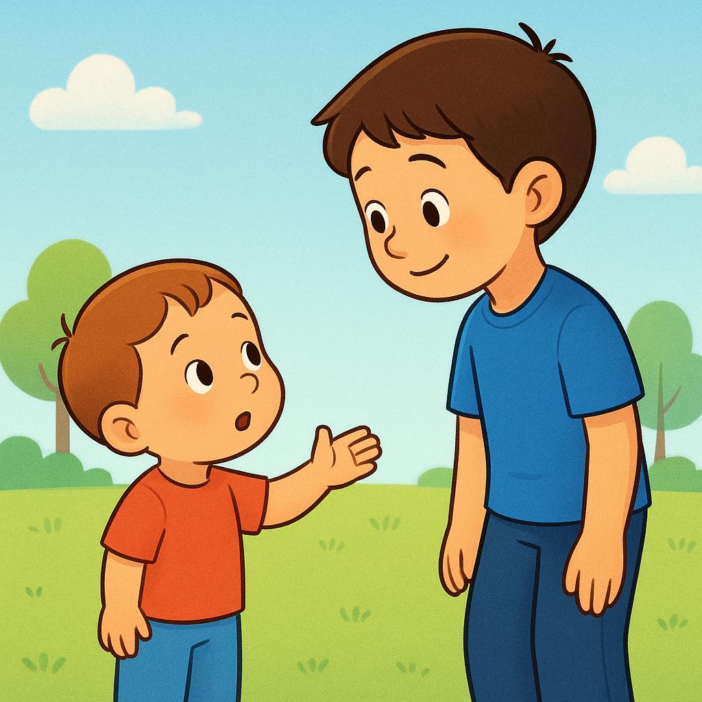 A simple storybook illustration showing a smaller figure looking up at a slightly taller figure, raising a hand in an inquisitive gesture, symbolizing one person asking a question of another.