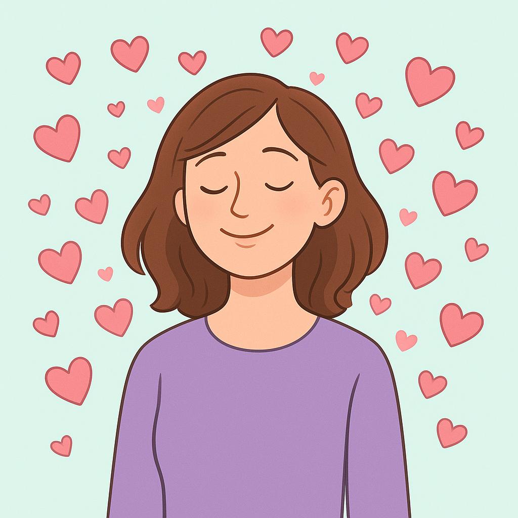 A joyful young woman with a blissful expression, surrounded by small, floating pink hearts, symbolizing the emotional state of being in love.