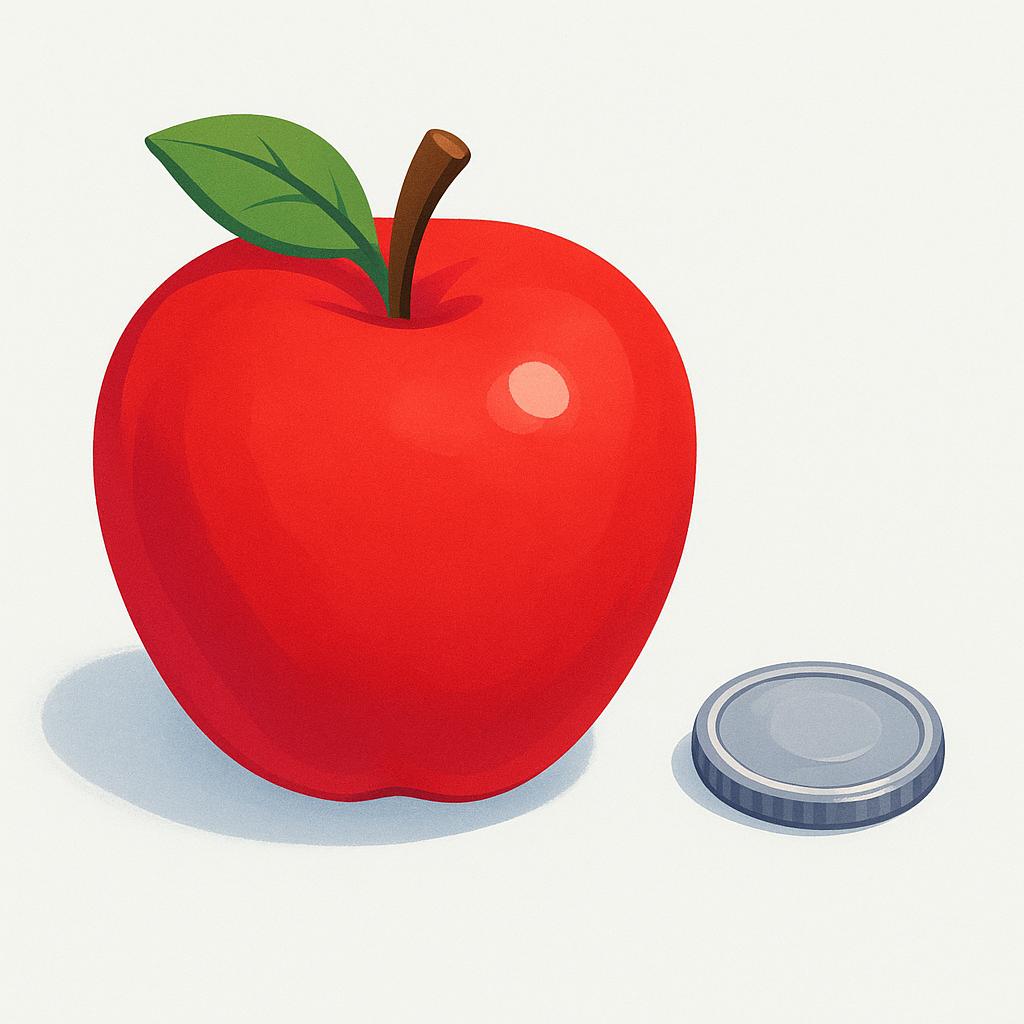 A bright red apple sitting next to a single, very small silver coin, suggesting a low price.