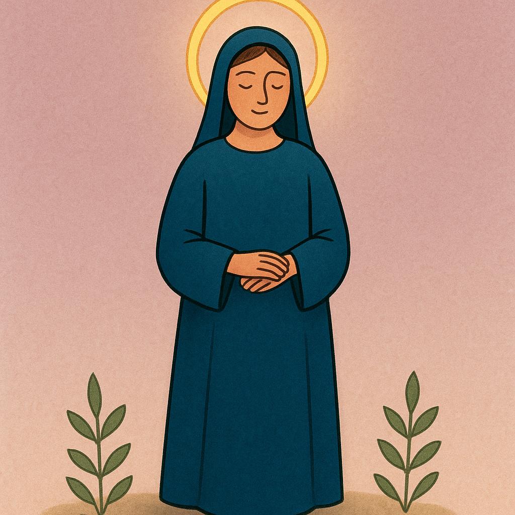 A peaceful, simply drawn figure wearing robes, standing calmly with a bright, glowing golden halo floating above their head.